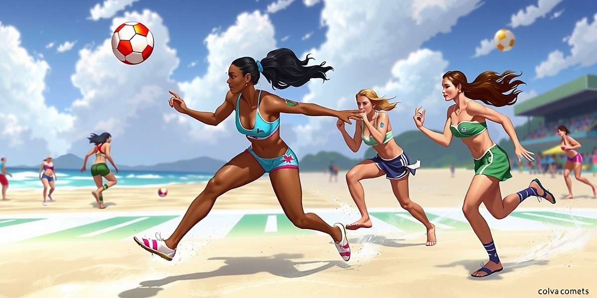 Women's Beach Soccer in Colva Comets (Coming Soon) Concept art for Colva Comets upcoming women's beach soccer mode showing female players in action