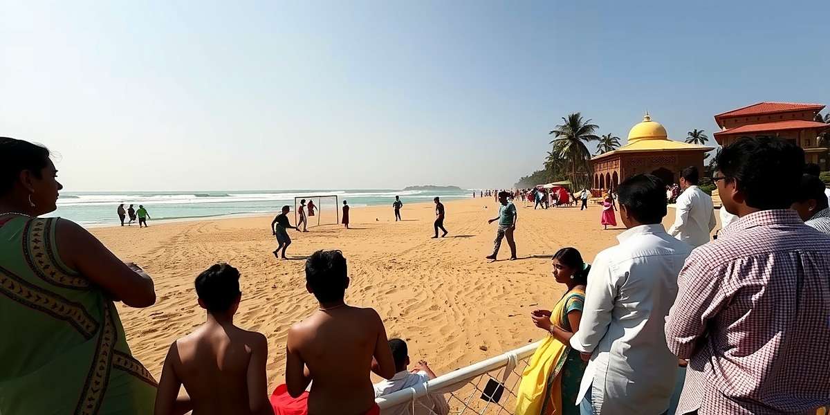 Colva Comets Gameplay Screenshot Colva Comets gameplay showing beach soccer match on a sunny day with spectators in traditional Goan attire